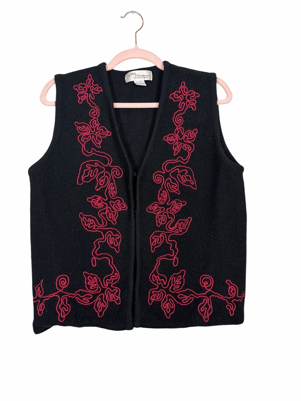 Vintage Norm Thompson Size Large Black Wool Embroidered Floral Vest